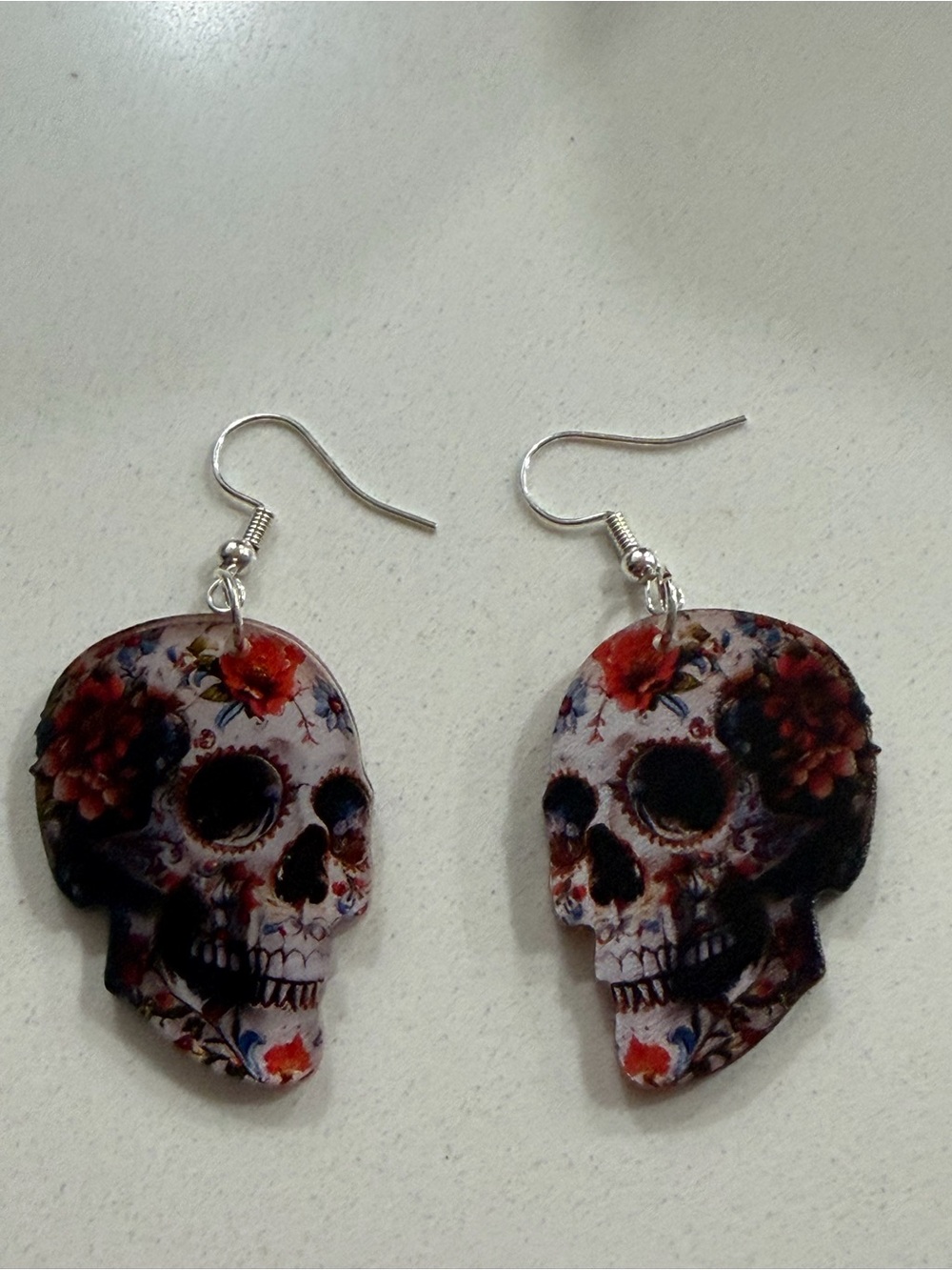 Floral Skull Dangle Earrings - Picture 2 of 5